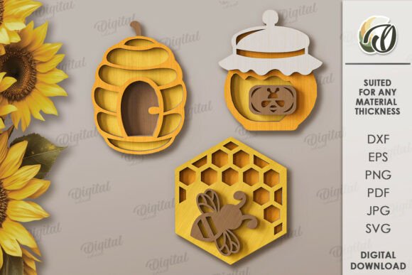 3D Bee Tiered Tray Decor: A Graphic Design Asset for Laser Engraving Projects