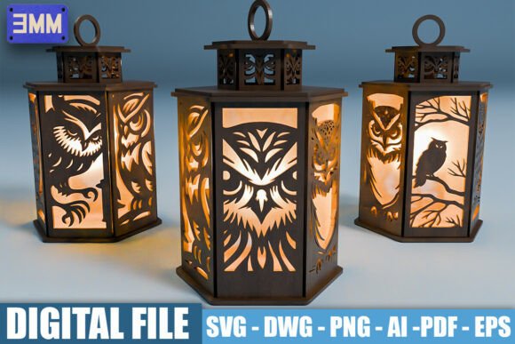 3D Owl Lantern Laser Cut Files for Creative Stands and Branding Projects