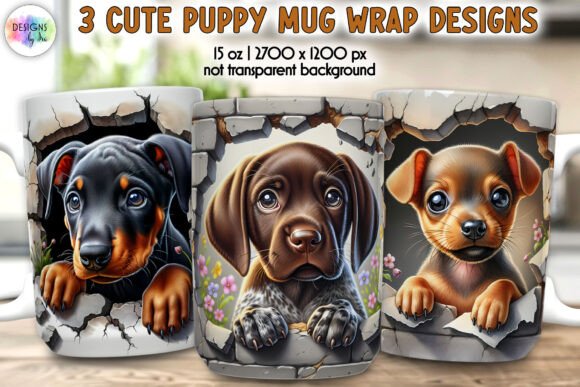 Cute Puppy Mug Wrap, Broken Wall 3D Mug Graphics and Illustrations