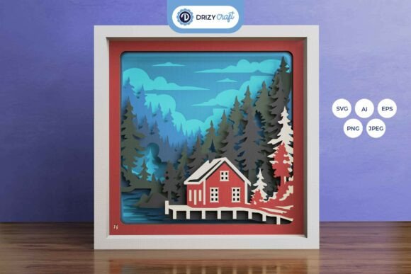 Red Home in the Forest 3D Layered SVG for Shadow Box Projects